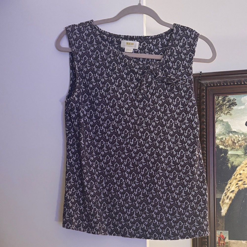 Maeve Brown & Gray Patterned Sleeveless Shell with Neck Bow/Knot